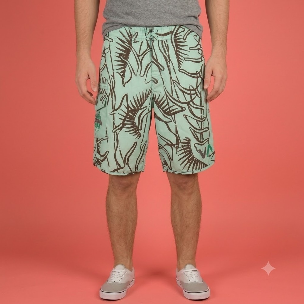 RVCA Boardshorts Mens 32 Mint Green Brown Palm Print Surf Swim Trunks